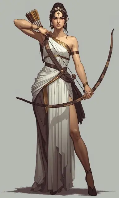 “Artemis standing poised with bow and arrow, dressed in white Greek robes, moonlit and fierce, embodying instinct, protection, and the wild clarity of the hunt.”