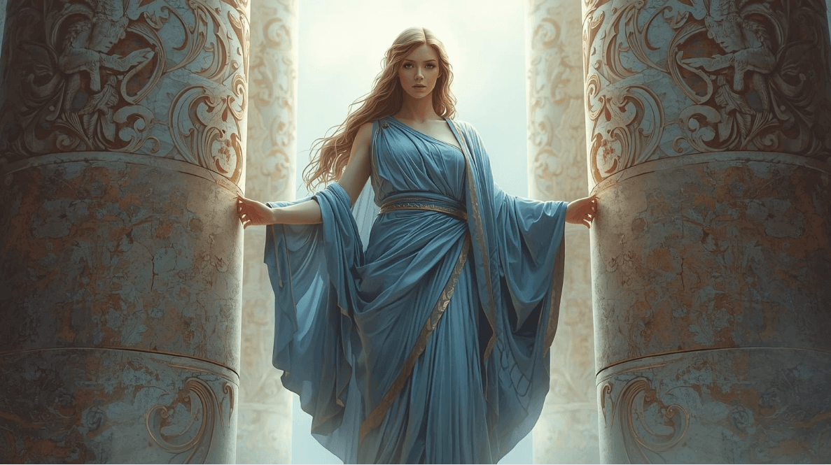 A celestial woman in a flowing blue gown stands between two carved stone columns, bathed in soft, ethereal light. Her posture is calm and regal, evoking Astraea — the star‑maiden of purity, fairness, and the Golden Age. The scene feels ancient, serene, and otherworldly, echoing her connection to the fixed stars.