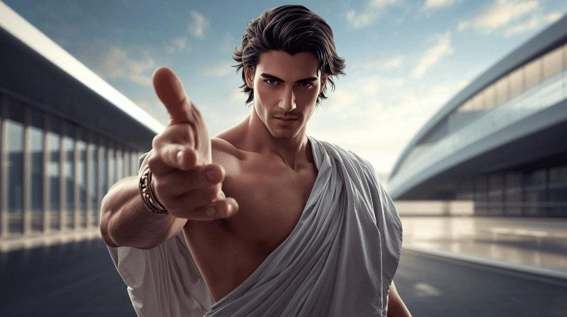 Apollo extending his hand in invitation, radiant and welcoming.