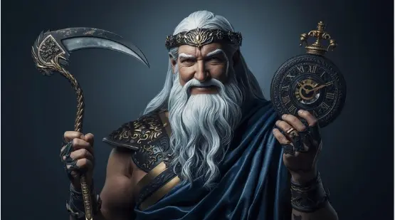 Kronos Greek god of time holding a scythe and clock representing the Root Center pressure and timing in True Sidereal Human Design definition types