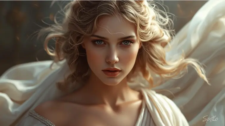 Peitho, the Greek goddess of persuasion, standing in soft golden light, symbolizing the Officer of Aphrodite who governs desire, attraction, and the subtle mechanics of influence in the Human Design mandala.