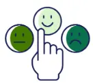 An outline icon showing a hand pointing to a smiling face, flanked by a neutral face and a sad face, representing customer satisfaction or feedback tracking.