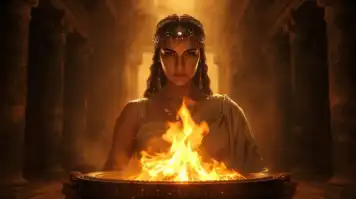 Hestia standing before the sacred flame, offering warmth and protection as the embodiment of the Generator aura.