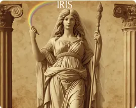 Mythic image of Iris, rainbow‑winged messenger goddess, embodying the Manifesting Generator aura — fast, multidimensional, and Sacral‑guided.