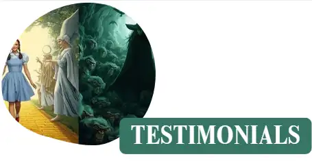 A circular illustration split into light and dark scenes, with a figure walking a yellow path toward a guide, and the word ‘Testimonials’ below.