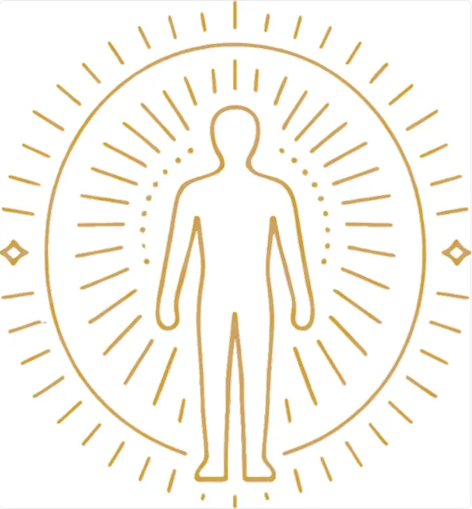 “Golden line illustration of a human figure surrounded by concentric energy rings and radiating light.”