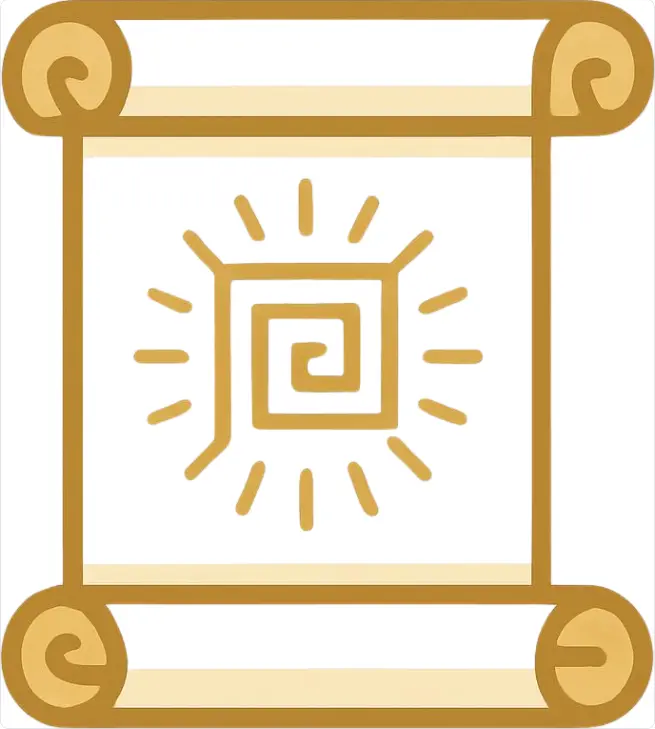 Golden ancient scroll with a central spiral sun symbol and radiating energy lines.