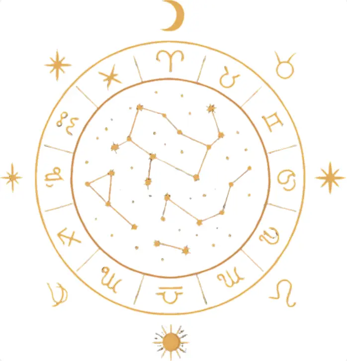 “Golden zodiac wheel with constellation lines, crescent moon, sun symbol, and surrounding stars.”