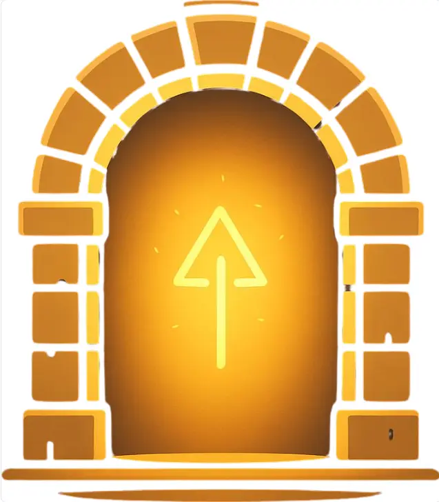 “Golden arched doorway with glowing inner light and an illuminated upward‑pointing arrow symbol.”