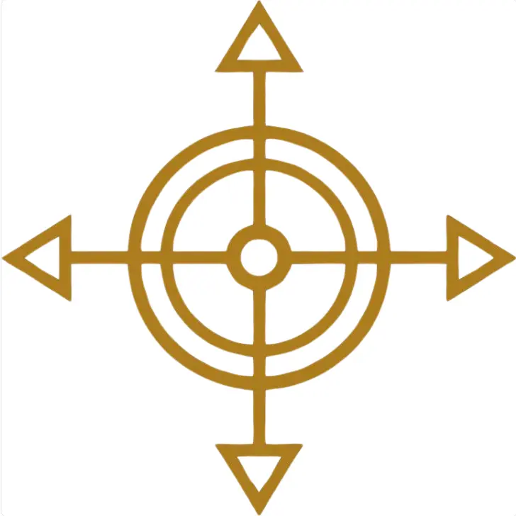 “Golden geometric compass design with concentric circles and four outward‑pointing directional arrows.”