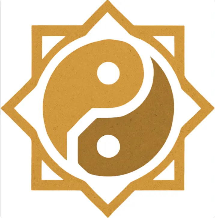 “Golden yin‑yang symbol enclosed in an eight‑pointed geometric frame representing balance and polarity.”
