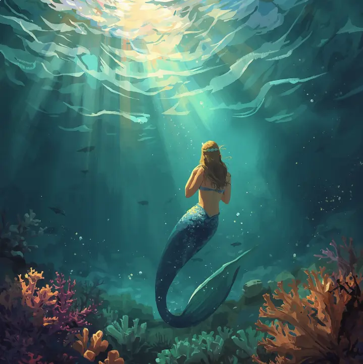 A mermaid suspended beneath the surface, watching the shifting light of the waves above — the embodiment of emotional truth waiting for the tide to settle before expression becomes clean.