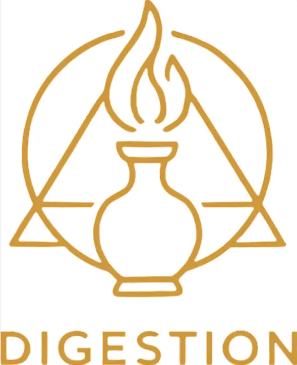 “Golden alchemical flask with rising flame inside a triangle and circle, symbolizing digestion and transformation.”