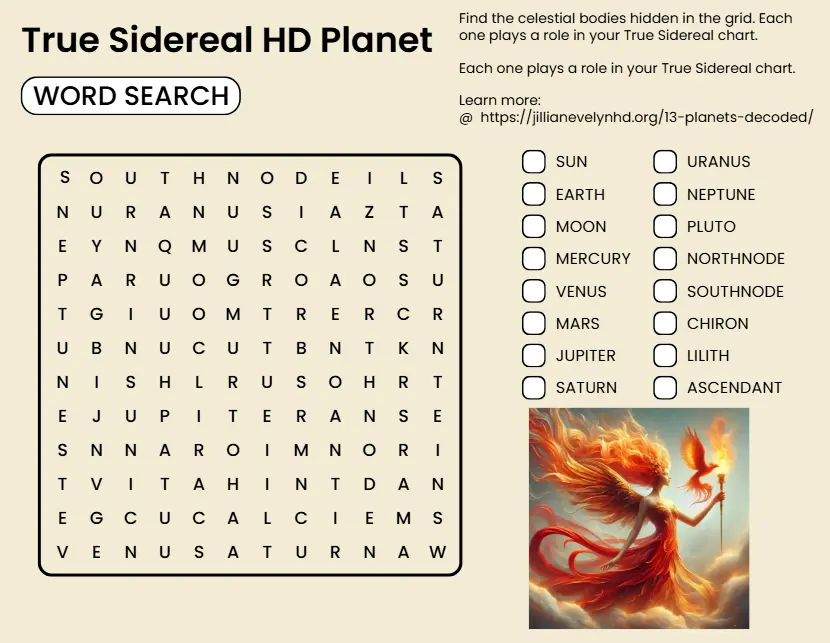 True Sidereal Human Design planet word search showing all 13 planets plus Chiron, Lilith, and the Nodes, with Hestia artwork beneath the grid. Interactive puzzle inviting readers to explore planetary placements before reading the full 13‑planets teaching.