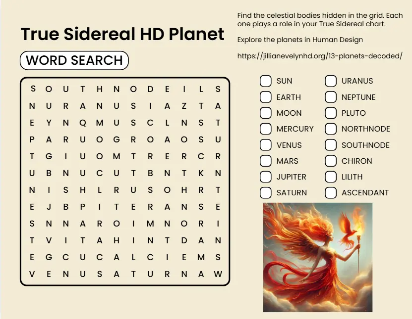 “True Sidereal Human Design planet word search featuring Sun, Moon, Earth, Mercury, Venus, Mars, Jupiter, Saturn, Uranus, Neptune, Pluto, North Node, South Node, Chiron, Lilith, and Ascendant, with Hestia artwork at the bottom.”
