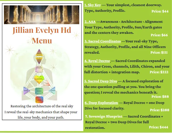 True Sidereal Human Design offerings menu showing Jillian Evelyn’s temple‑style left column with bodygraph and mission statement, alongside a green panel listing seven readings including Sky Key, AAA, Sacred Coordinates, Royal Decree, Sacred Deep Dive, Deep Exploration, and Sovereign Blueprint with prices.