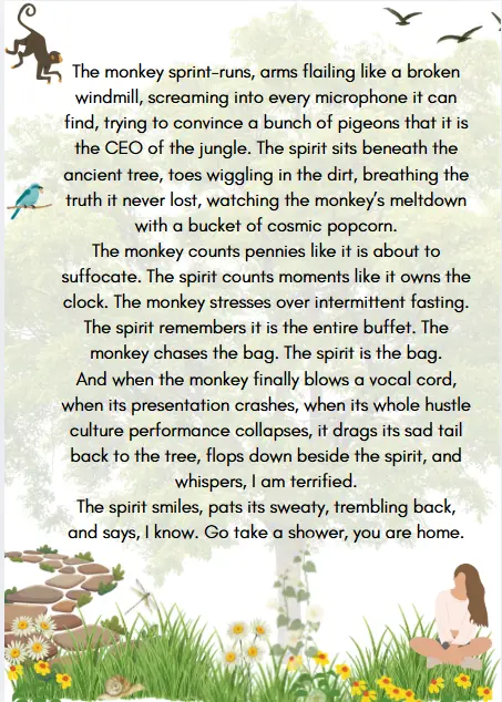 An illustrated blog graphic featuring a poem about a frantic monkey and a calm spirit. A cartoon monkey swings in the top left corner, while birds fly across a soft green tree canopy backdrop. At the bottom, a stone path winds through grass and yellow wildflowers, where a woman sits in a peaceful, meditative pose.