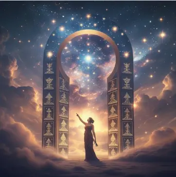 A Greek‑inspired goddess stepping through a glowing celestial portal, pointing upward toward the sky, with ancient I Ching symbols surrounding her in a cosmic field.