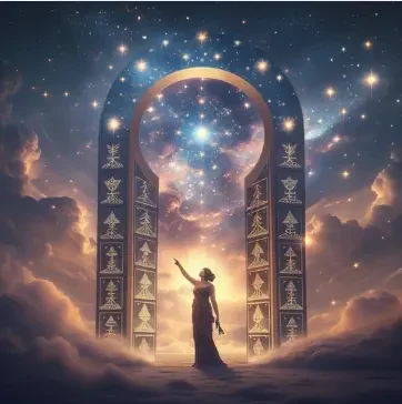A Greek‑inspired goddess stepping through a glowing celestial portal, pointing upward toward the sky, with ancient I Ching symbols surrounding her in a cosmic field.