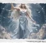 A luminous celestial goddess with flowing white hair and a shimmering blue gown, standing among stars and constellation rings, expressing the playful, exploratory, and imaginative spirit of the Celestial Play chamber in the Ancient Sky Library.