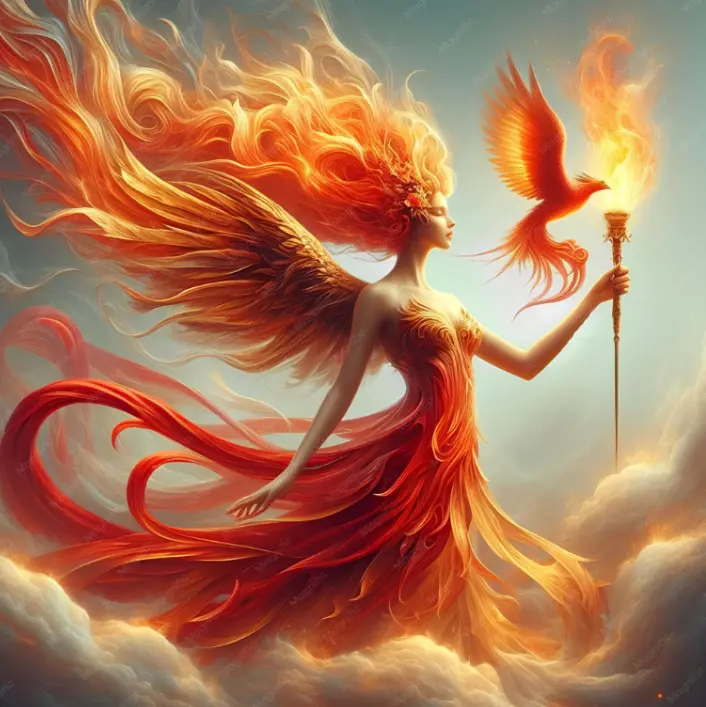 Hestia standing before the sacred flame, offering warmth and protection as the embodiment of the Generator aura.