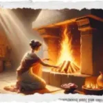 A figure kneeling before an ancient stone hearth, tending a glowing fire as sunlight streams in, symbolizing initiation, guidance, and the transmission of True Sidereal readings.