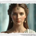 A serene goddess with long brown hair, adorned in ancient jewelry and a white garment, her expression calm and introspective against a soft blue background, symbolizing the quiet inner authority and subtle intelligence of the True Sidereal Human Design binaries.