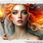 A fiery goddess with luminous blue eyes and flame‑lit hair holding a burning staff, symbolizing Hestia’s role as the keeper of inner structure and the architectural fire of True Sidereal design.