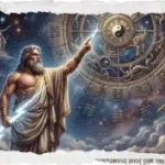 A celestial depiction of Zeus standing among stars and constellations, holding a lightning bolt beside an ancient astrological wheel, symbolizing divine authority and the origins of True Sidereal Human Design.