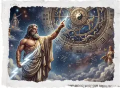 Zeus pointing toward a star-filled sky beside an ancient astrological wheel glowing with cosmic light.