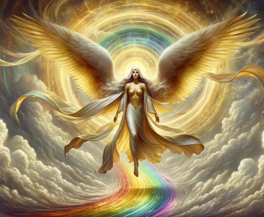 Mythic image of Iris, rainbow‑winged messenger goddess, embodying the Manifesting Generator aura — fast, multidimensional, and Sacral‑guided.