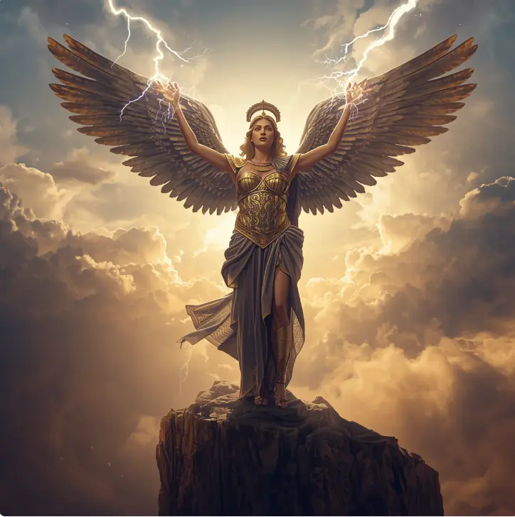 A winged goddess in golden armor stands on a rocky peak, raising lightning in both hands as clouds glow with divine light around her. She embodies Nike, the Manifestor goddess of initiation, impact, and victory.
