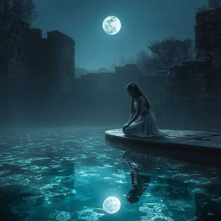 A woman in a pale dress sits beside a moonlit pool, illuminated by a bright full moon overhead. Ancient stone ruins and mist surround her as her reflection shimmers in the water, embodying Selene, the Reflector goddess of lunar clarity, cycles, and sovereign witnessing.