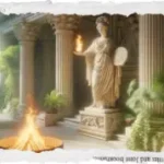 A marble goddess statue holding a flame within an ancient columned temple, surrounded by greenery and a burning fire at her feet, symbolizing the living movement of the aura and the divine archetypes of True Sidereal Human Design.