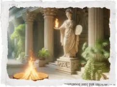 Classical sanctuary with a statue of Hestia holding a flame standing beside a glowing central hearth fire and stone columns.