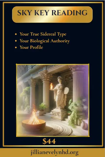 Sky Key Human Design Reading poster in dark navy and gold, temple artwork with flame, and list of reading components.