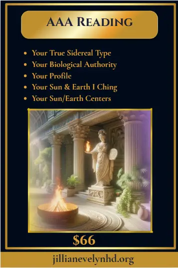 “True Sidereal Human Design AAA Reading poster showing aura type, authority, profile, Sun/Earth, $66 price.”