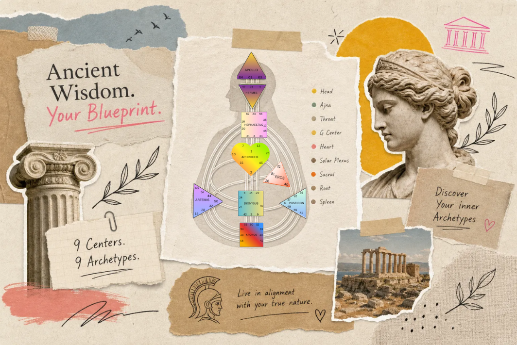 A scrapbook-style collage featuring a Human Design bodygraph chart in the center, where the nine energy centers are mapped to Greek mythology archetypes like Apollo, Hermes, and Aphrodite. The graphic includes a classical marble bust statue, an ancient temple ruin by the sea, a stone column, and handwritten notes that read Ancient Wisdom Your Blueprint, 9 Centers 9 Archetypes, and Live in alignment with your true nature.