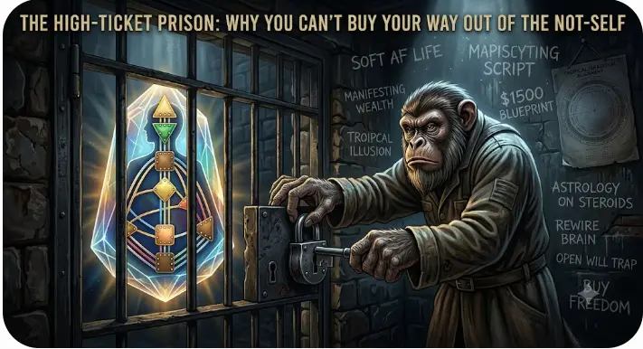 “Illustration of a trench‑coated monkey warden unlocking a prison cell containing a glowing Human Design crystal, symbolizing the trap of high‑ticket illusions and the sovereignty of true mechanics.”