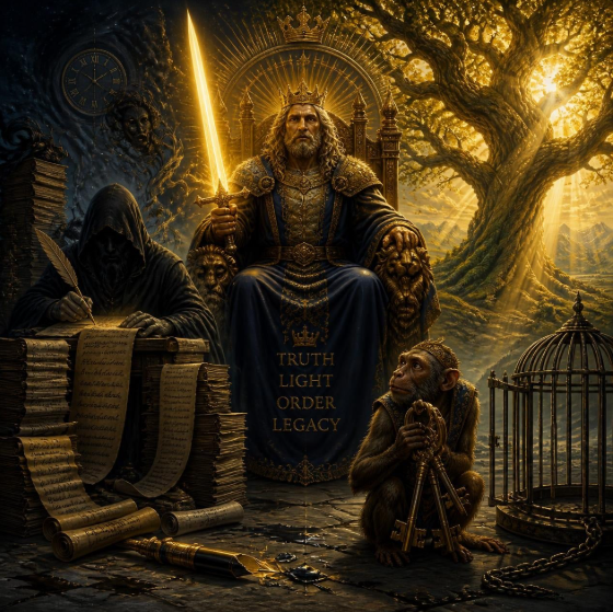 “Illustration of King on throne with monkey and Emperor holding pen in shadows.