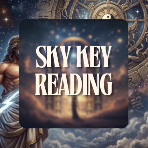 Fantasy‑themed artwork with a celestial background, ornate astrological wheel, glowing portal, and bold text reading “Sky Key Reading