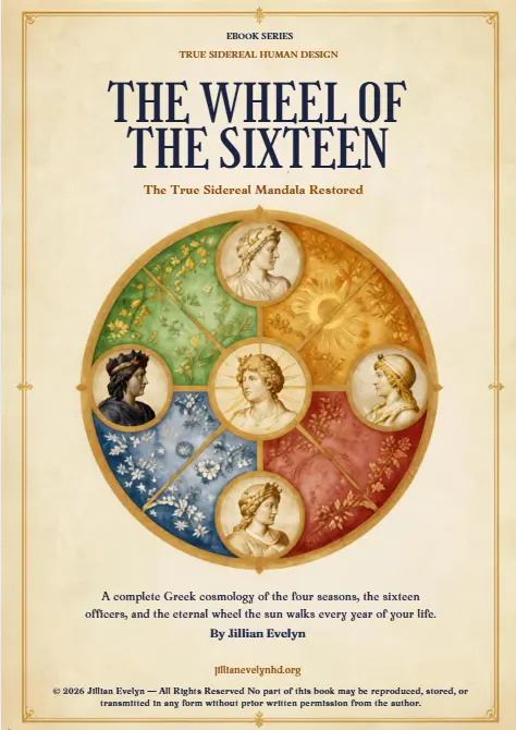 Cover of The Wheel of the Sixteen: The True Sidereal Mandala Restored by Jillian Evelyn, featuring a circular mandala divided into four colored quadrants with classical portraits of Greek archetypes, symbolizing the four seasons and sixteen officers of the restored cosmology.