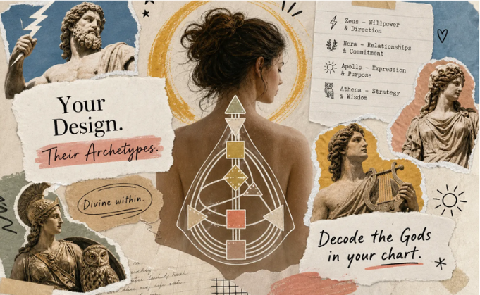 Mixed‑media collage of a woman with Human Design bodygraph overlay, surrounded by Greek statues of Zeus, Hera, Apollo, and Athena, symbolizing archetypes of willpower, relationships, expression, and wisdom.
