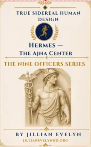 E-book cover for Hermes The Ajna Center from The Nine Officers Series by Jillian Evelyn. Features a classical stone relief sculpture of Hermes holding a caduceus staff, wearing a winged helmet and cloak, on a cream and gold background.