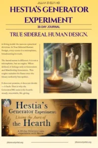 Book cover preview for Hestia's Generator Experiment 30-Day Journal by Jillian Evelyn HD. Shows classical imagery of goddess Hestia standing in a temple beside a sacred hearth fire, with text explaining Sacral energy and True Sidereal Human Design.