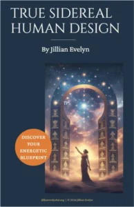 Book cover titled True Sidereal Human Design by Jillian Evelyn for the Apollo Head Center teachings. Features a dark blue background with an illustration of a figure reaching toward a glowing celestial star framed by a massive ornate doorway under a starry sky, alongside an orange badge that reads "Discover Your Energetic Blueprint".