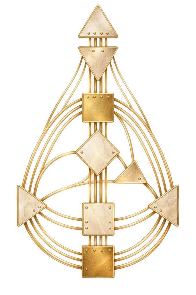 “Elegant Human Design BodyGraph illustration with interconnected centers and pathways in cream and gold, representing the BodyGraph as a map of human architecture.”
