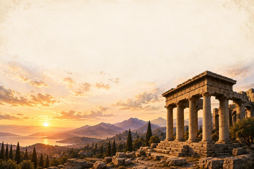 Ancient Greek temple landscape representing the beginning of a True Sidereal Human Design journey