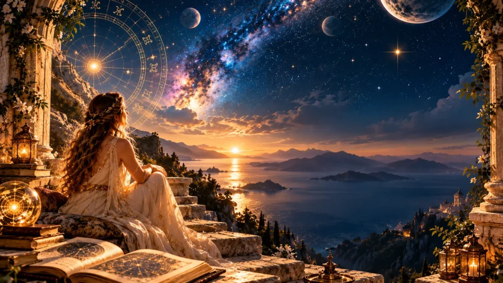“Woman in a Greco-Roman setting overlooking a Mediterranean landscape beneath a star-filled celestial sky”