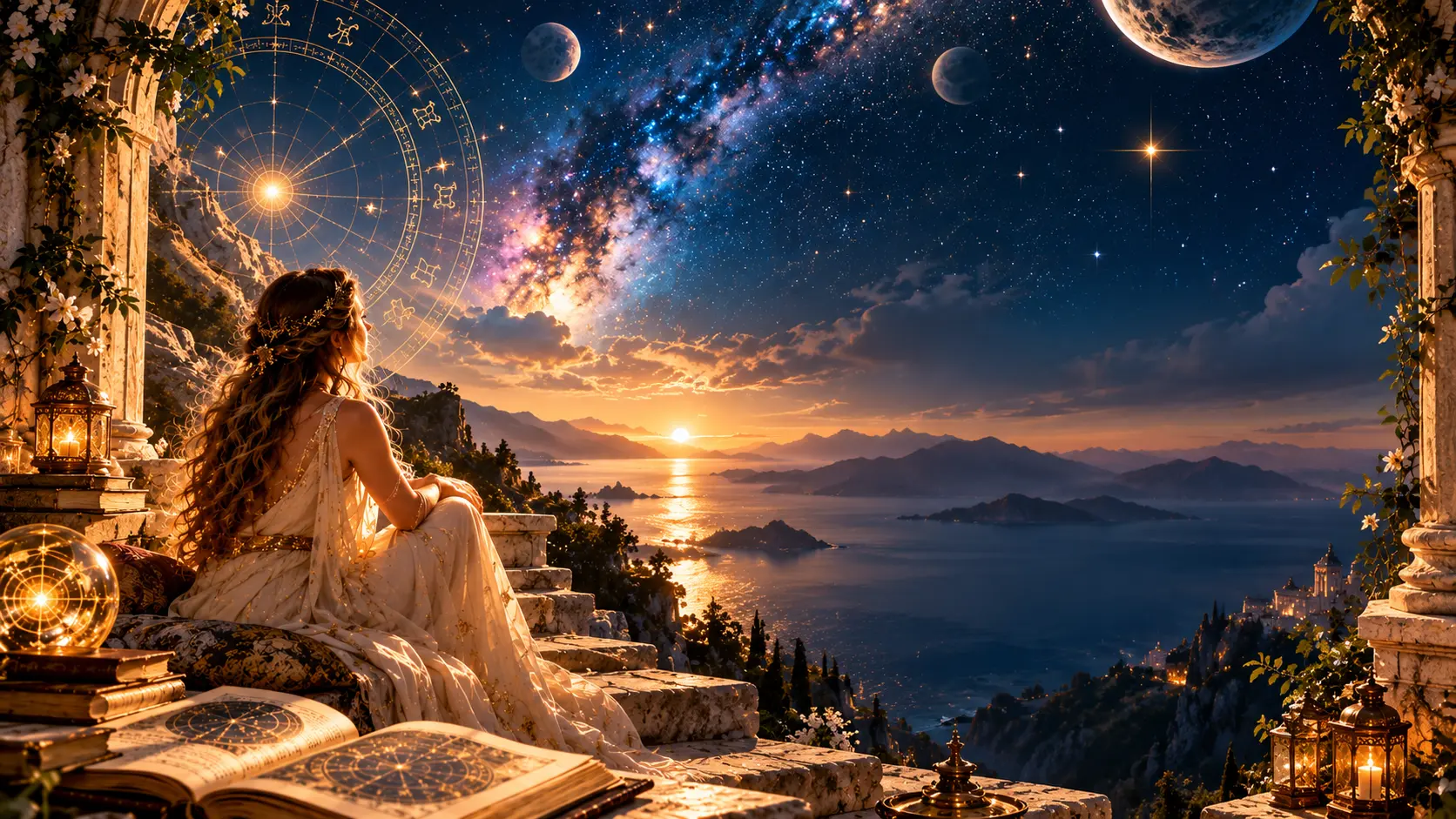 “Woman in a Greco-Roman setting overlooking a Mediterranean landscape beneath a star-filled celestial sky”